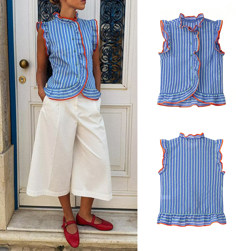 Shirt Camp Collar - Camisa feminina azul com listras verticais,