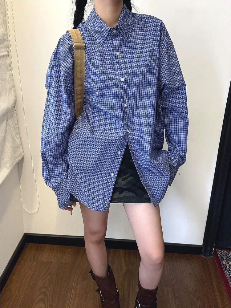 Shirt Camp Collar - Camisas xadrez azuis vintage para mulheres