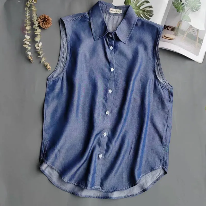 Camisa de Denim Azul Sem Manga - Shirt Camp Collar avaliação e preço