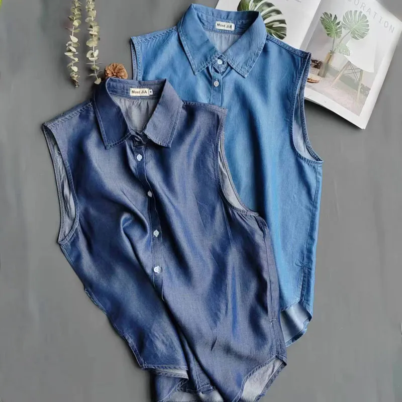 Camisa de Denim Azul Sem Manga - Shirt Camp Collar avaliação e preço