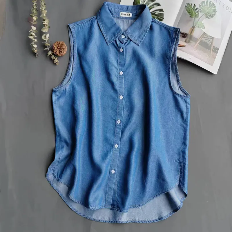 Camisa de Denim Azul Sem Manga - Shirt Camp Collar avaliação e preço